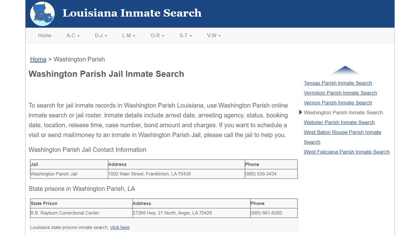 Washington Parish Jail Inmate Search